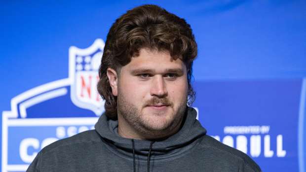 Wisconsin center Joe Tippmann speaks at the 2023 NFL Combine